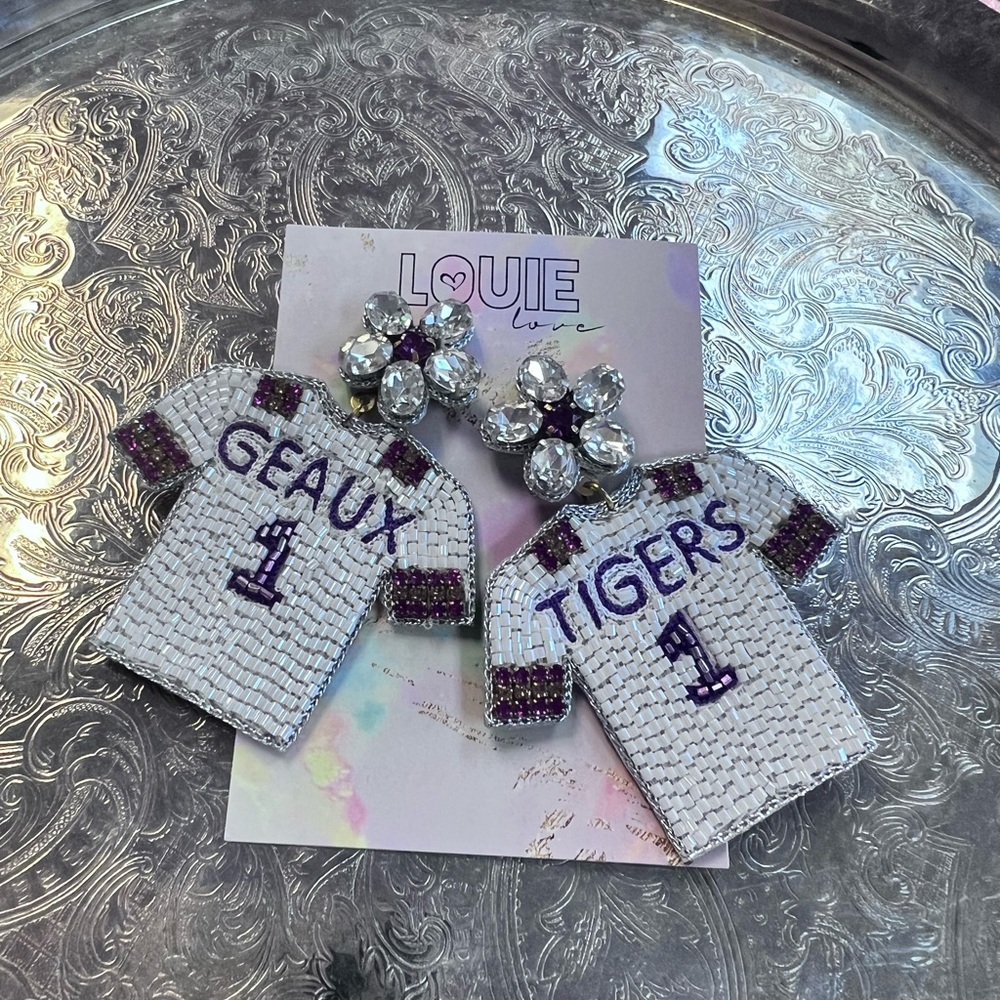 Louie Love Embroidered Beaded LSU GEAUX TIGERS Football Jersey Post Earrings 💗